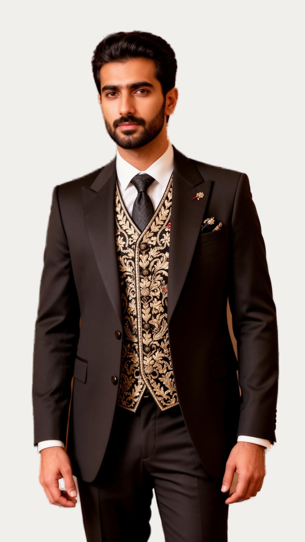 Black 3-Piece Prince Coat with Embroidered Waistcoat