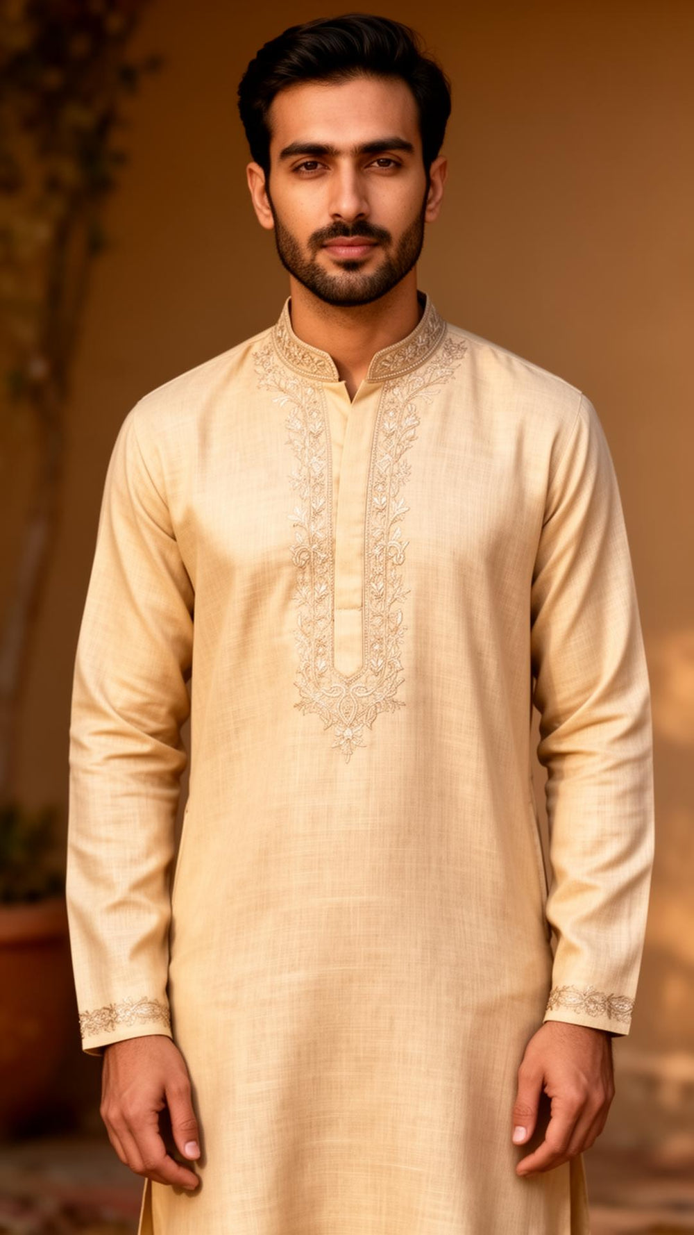 Beige Cotton Embroidered Kurta