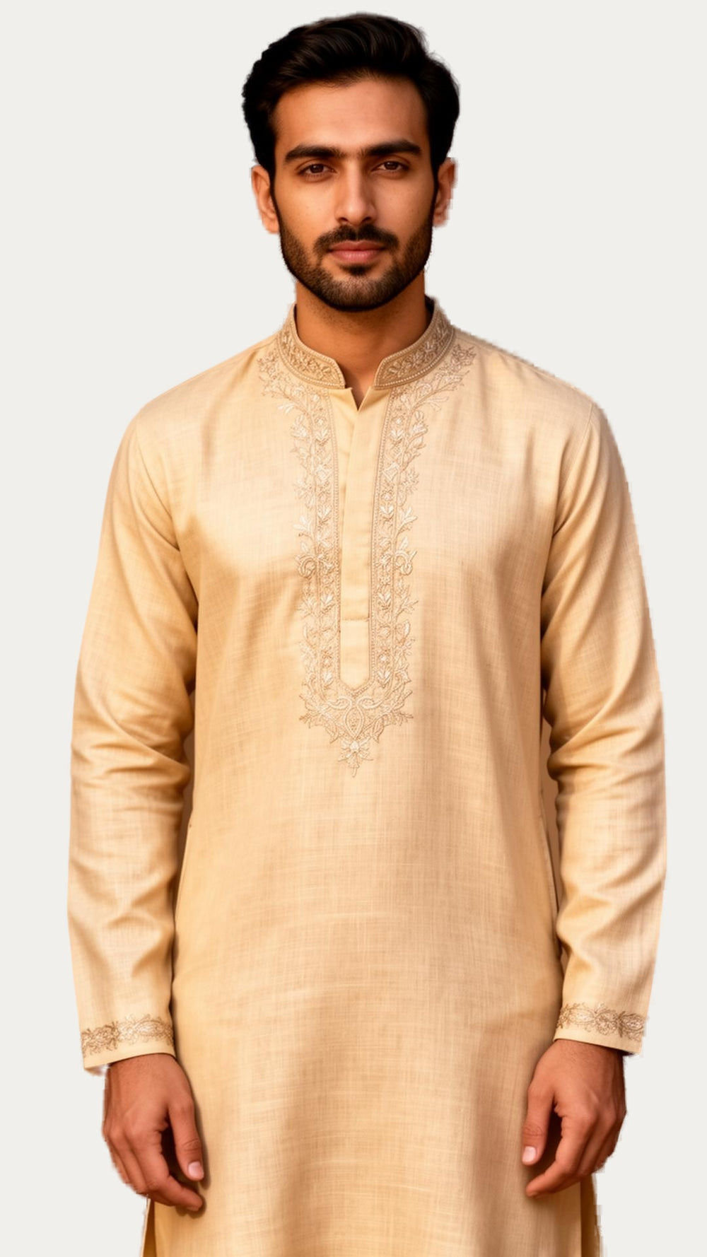 Beige Cotton Embroidered Kurta