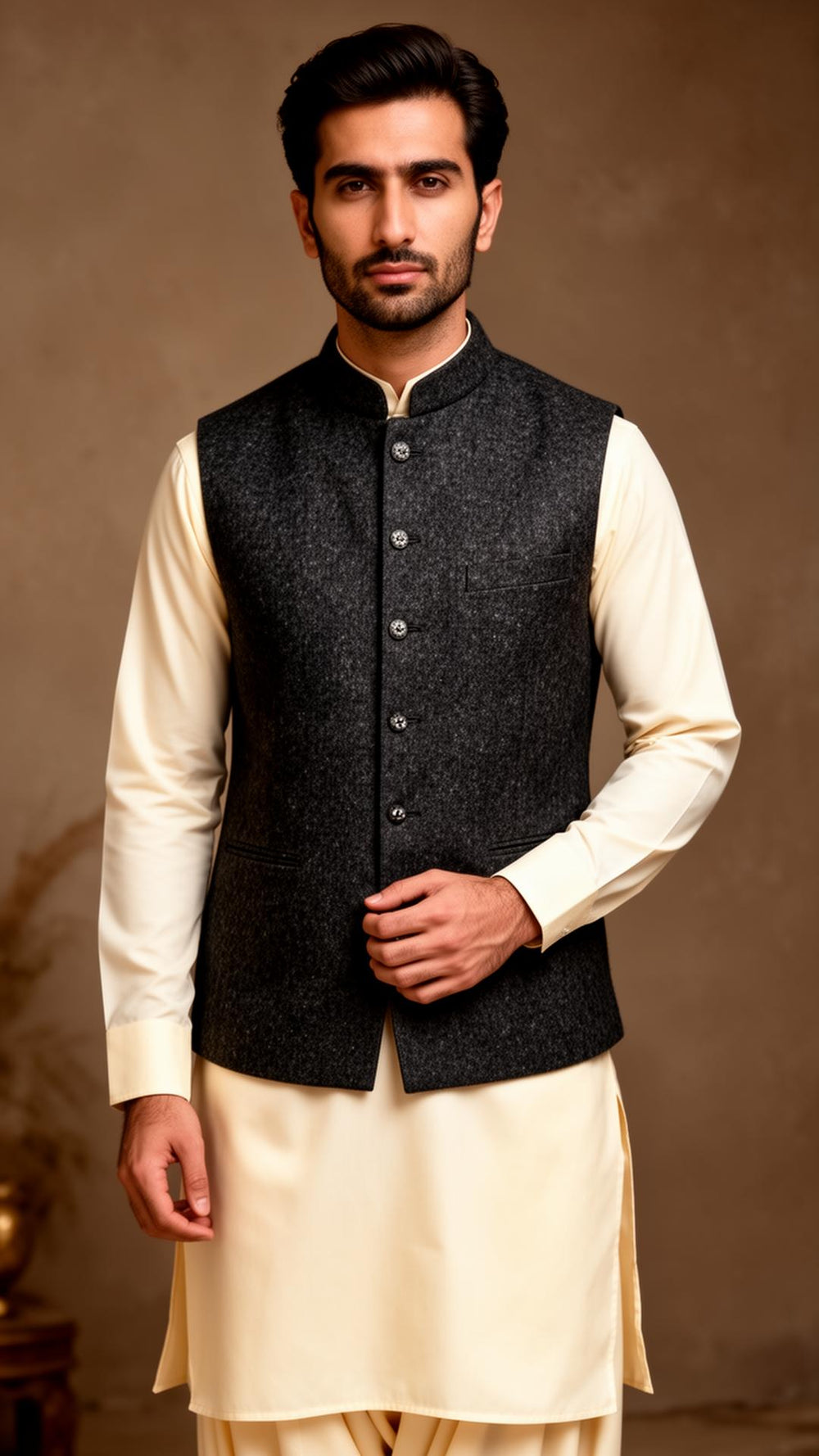 Beige Linen Waistcoat over Kurta